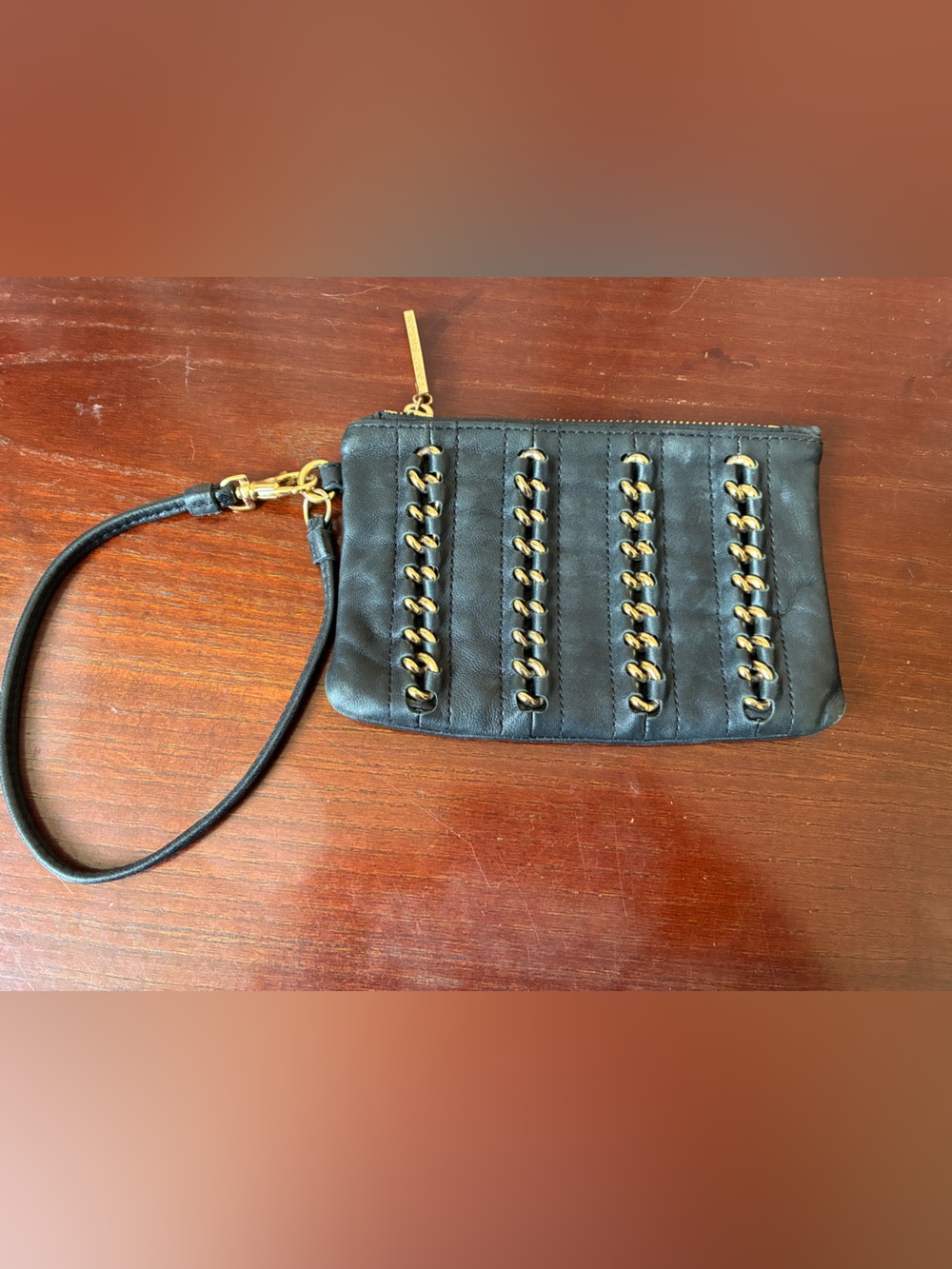 Tory Burch Black Leather Wristlet with Gold Chain Detail
